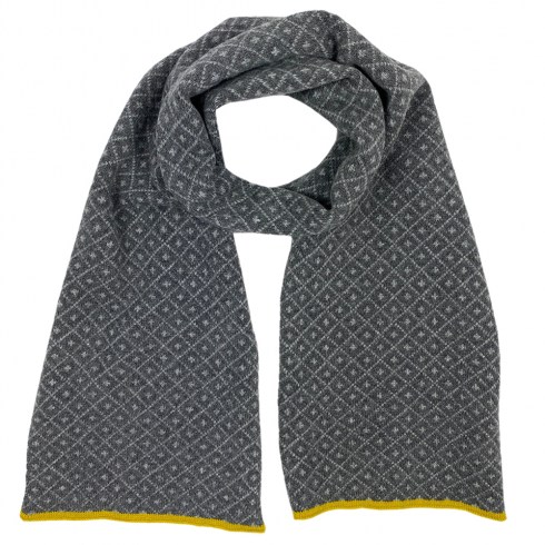 diamond pattern fairisle scarf greys with piccalilli trim